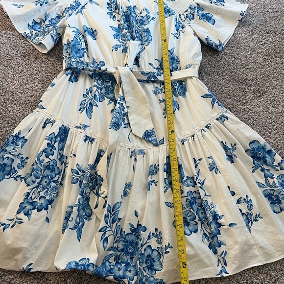Rachel Parcell Ruffle Front Tie Stretch Cotton Dress Blue Floral Belted Size L - Picture 8 of 13